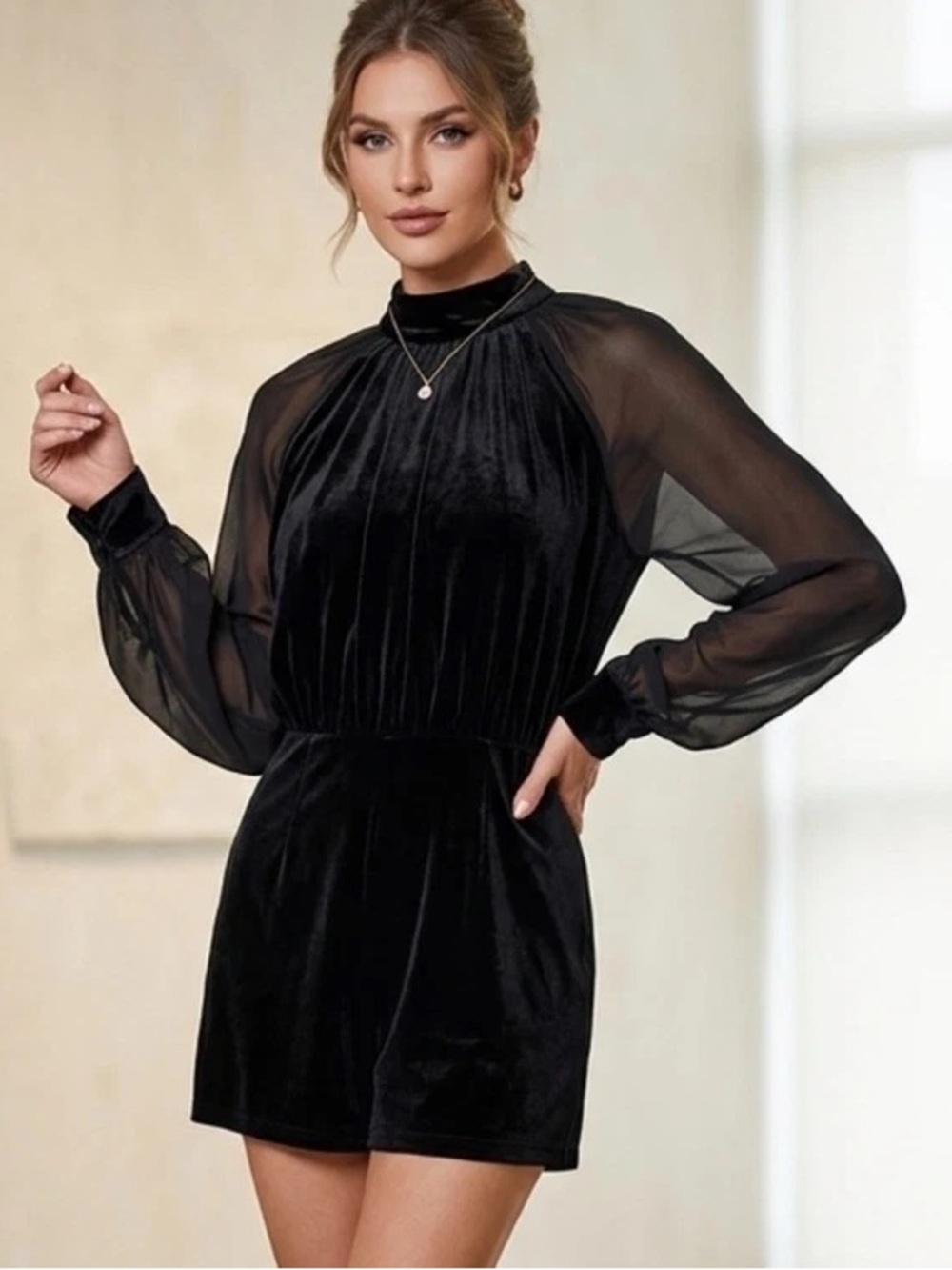 Express Black Velvet Whimsigoth Chic Romper Sheer Chiffon Sleeves Size XL NWT